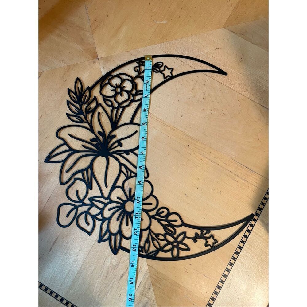 Black Metal Crescent Moon Stars Floral Lily Wall Decoration - Picture 6 of 6